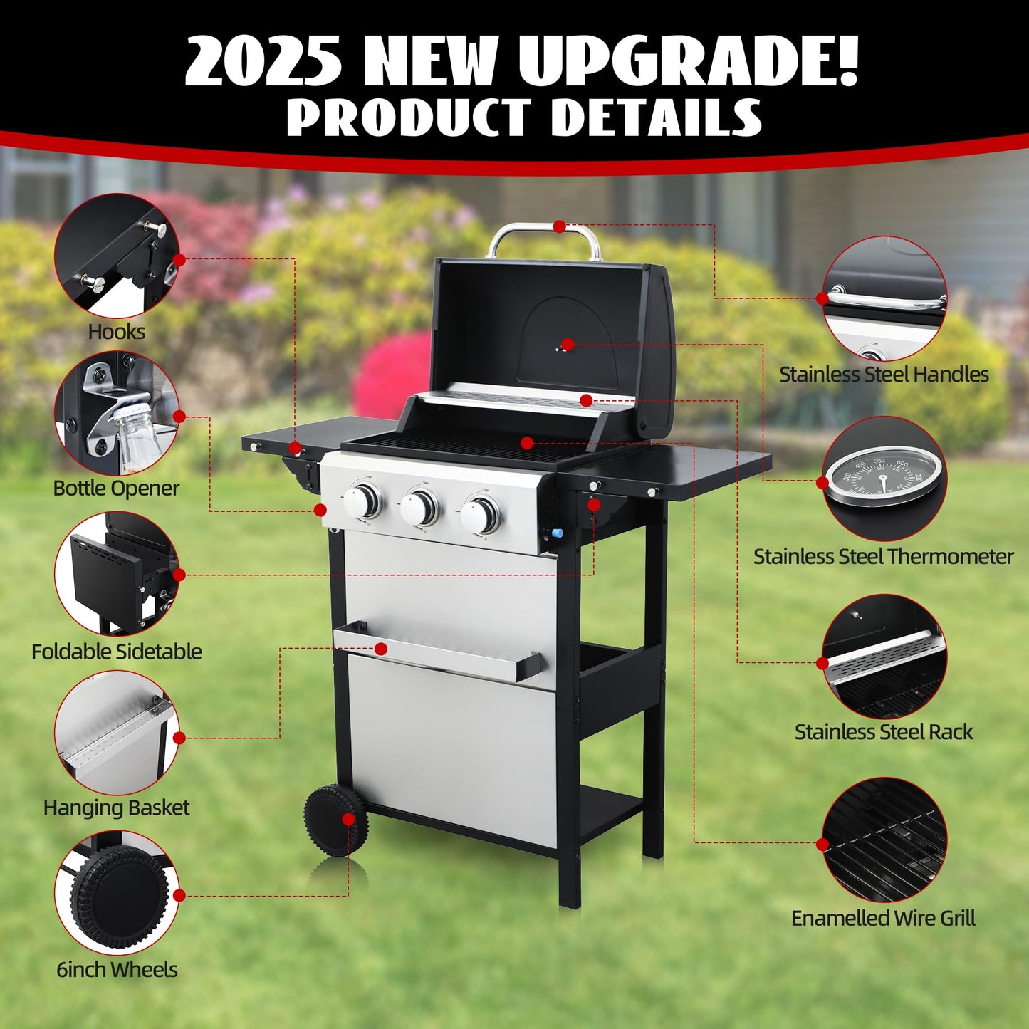 3-Burner Propane Gas Grill with 2 Foldable Side Tables, 25,650 BTU Outdoor BBQ Grill with Porcelain-Enameled Flame Tamers, Built-in Thermometer, Easy Assembly for Patio, Backyard BBQ - CookCave