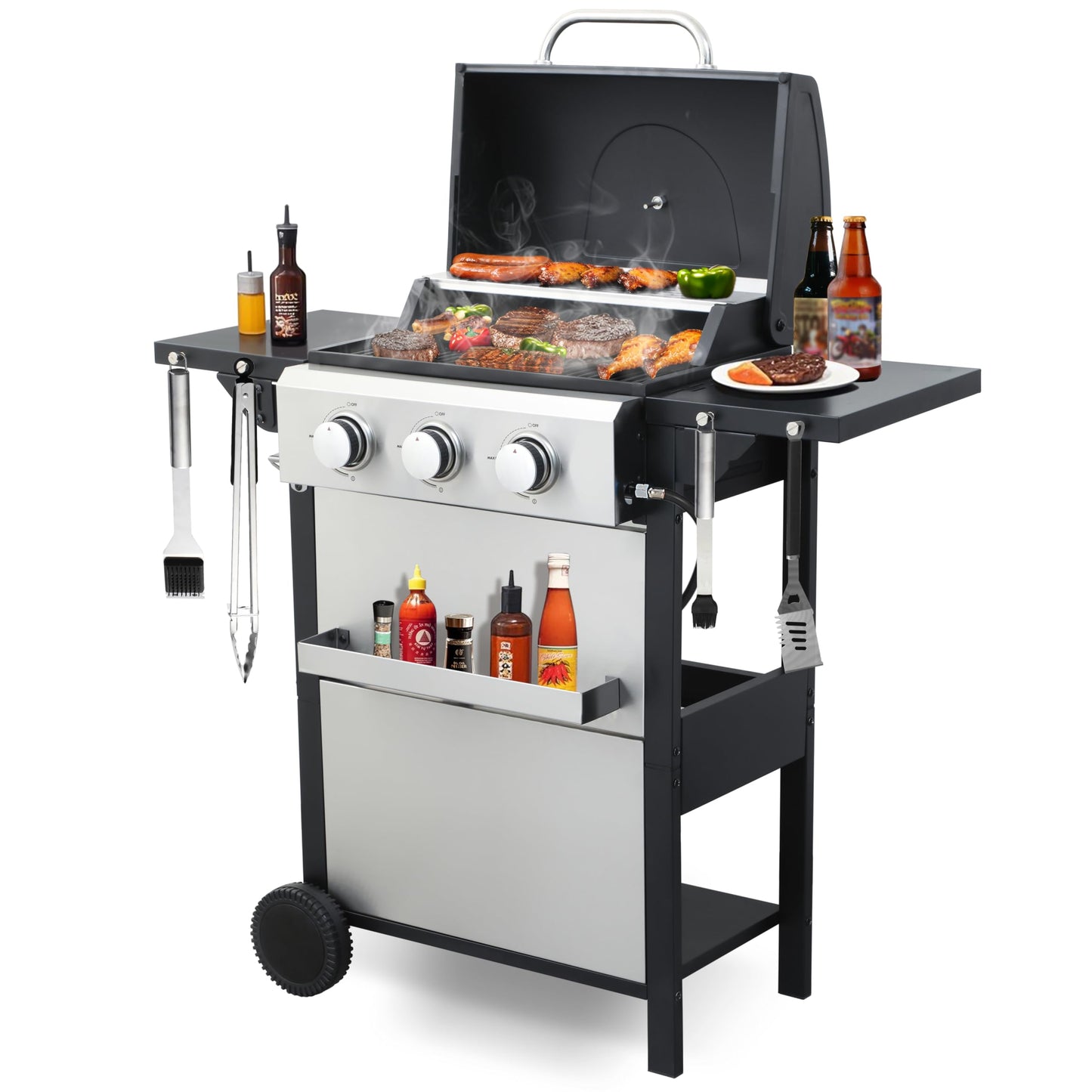 3-Burner Propane Gas Grill with 2 Foldable Side Tables, 25,650 BTU Outdoor BBQ Grill with Porcelain-Enameled Flame Tamers, Built-in Thermometer, Easy Assembly for Patio, Backyard BBQ - CookCave