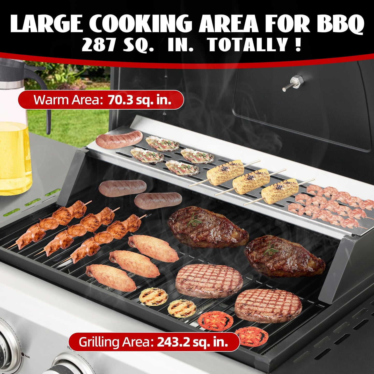 3-Burner Propane Gas Grill with 2 Foldable Side Tables, 25,650 BTU Outdoor BBQ Grill with Porcelain-Enameled Flame Tamers, Built-in Thermometer, Easy Assembly for Patio, Backyard BBQ - CookCave