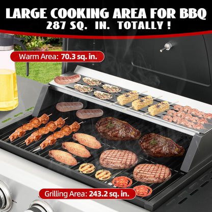3-Burner Propane Gas Grill with 2 Foldable Side Tables, 25,650 BTU Outdoor BBQ Grill with Porcelain-Enameled Flame Tamers, Built-in Thermometer, Easy Assembly for Patio, Backyard BBQ - CookCave