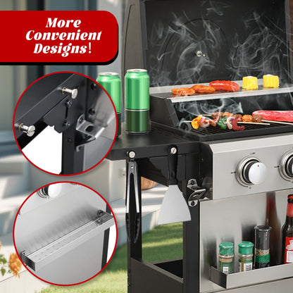 3-Burner Propane Gas Grill with 2 Foldable Side Tables, 25,650 BTU Outdoor BBQ Grill with Porcelain-Enameled Flame Tamers, Built-in Thermometer, Easy Assembly for Patio, Backyard BBQ - CookCave