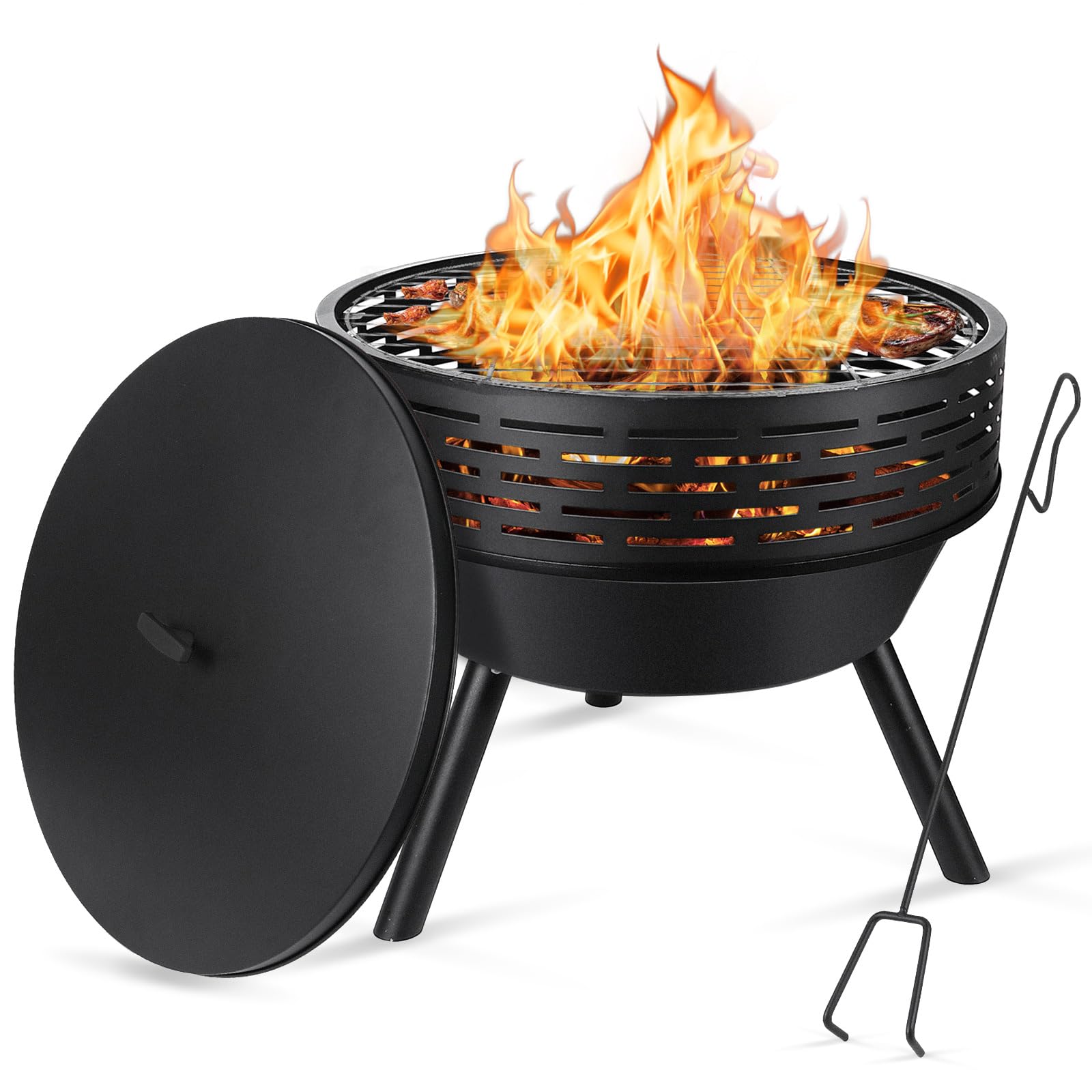 3-in-1 Fire Pit with Grill & Lid, 23" Outdoor Fire Pit Table, Cast Iron Wood Burning Firepit, Heavy Duty Fire Bowl for Outside Patio, Backyard Fireplaces, Large BBQ Pit Table with Fire Poker - CookCave