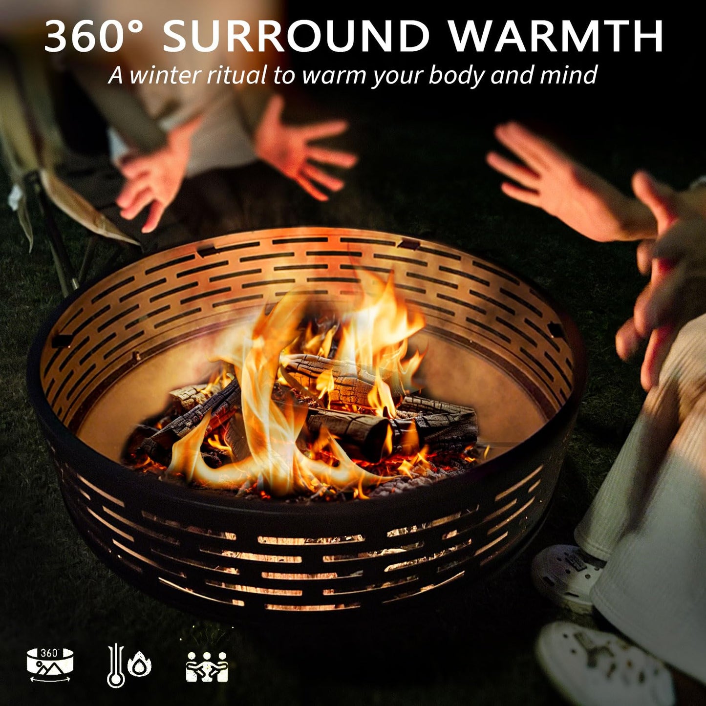 3-in-1 Fire Pit with Grill & Lid, 23" Outdoor Fire Pit Table, Cast Iron Wood Burning Firepit, Heavy Duty Fire Bowl for Outside Patio, Backyard Fireplaces, Large BBQ Pit Table with Fire Poker - CookCave