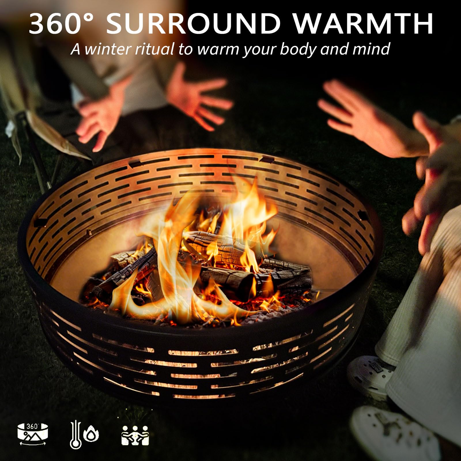 3-in-1 Fire Pit with Grill & Lid, 23" Outdoor Fire Pit Table, Cast Iron Wood Burning Firepit, Heavy Duty Fire Bowl for Outside Patio, Backyard Fireplaces, Large BBQ Pit Table with Fire Poker - CookCave