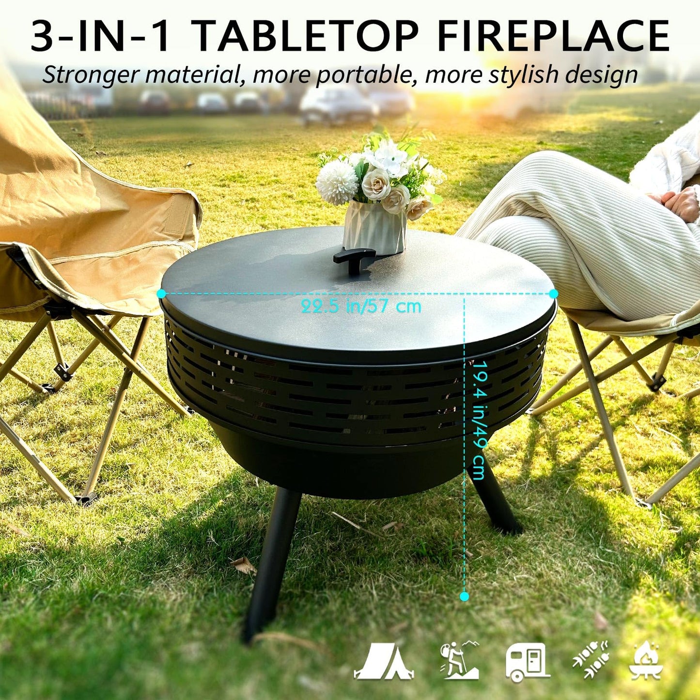 3-in-1 Fire Pit with Grill & Lid, 23" Outdoor Fire Pit Table, Cast Iron Wood Burning Firepit, Heavy Duty Fire Bowl for Outside Patio, Backyard Fireplaces, Large BBQ Pit Table with Fire Poker - CookCave