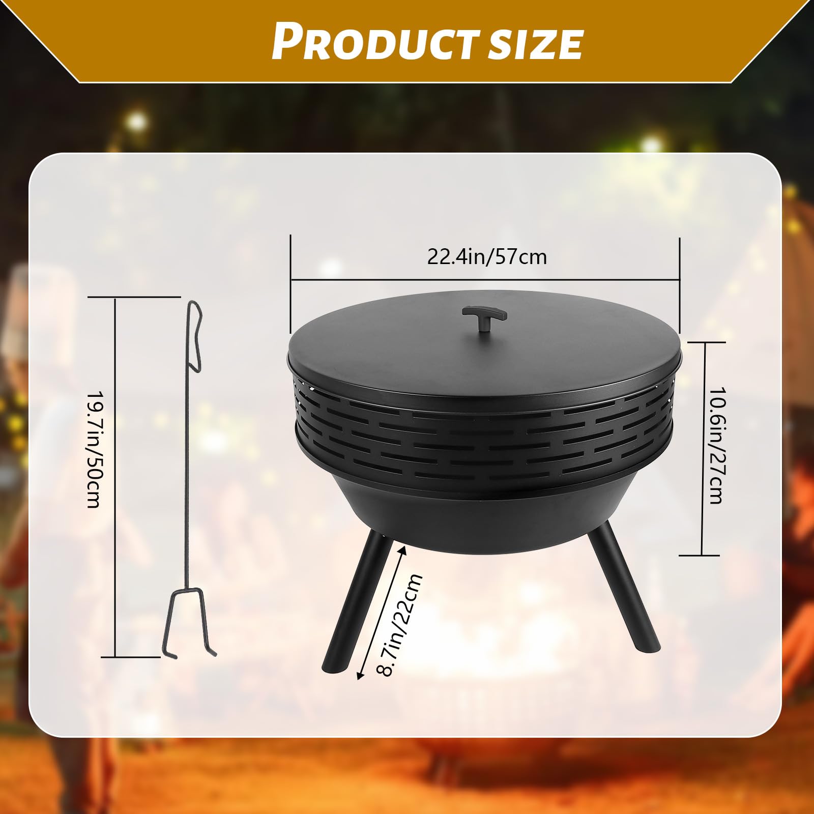 3-in-1 Fire Pit with Grill & Lid, 23" Outdoor Fire Pit Table, Cast Iron Wood Burning Firepit, Heavy Duty Fire Bowl for Outside Patio, Backyard Fireplaces, Large BBQ Pit Table with Fire Poker - CookCave