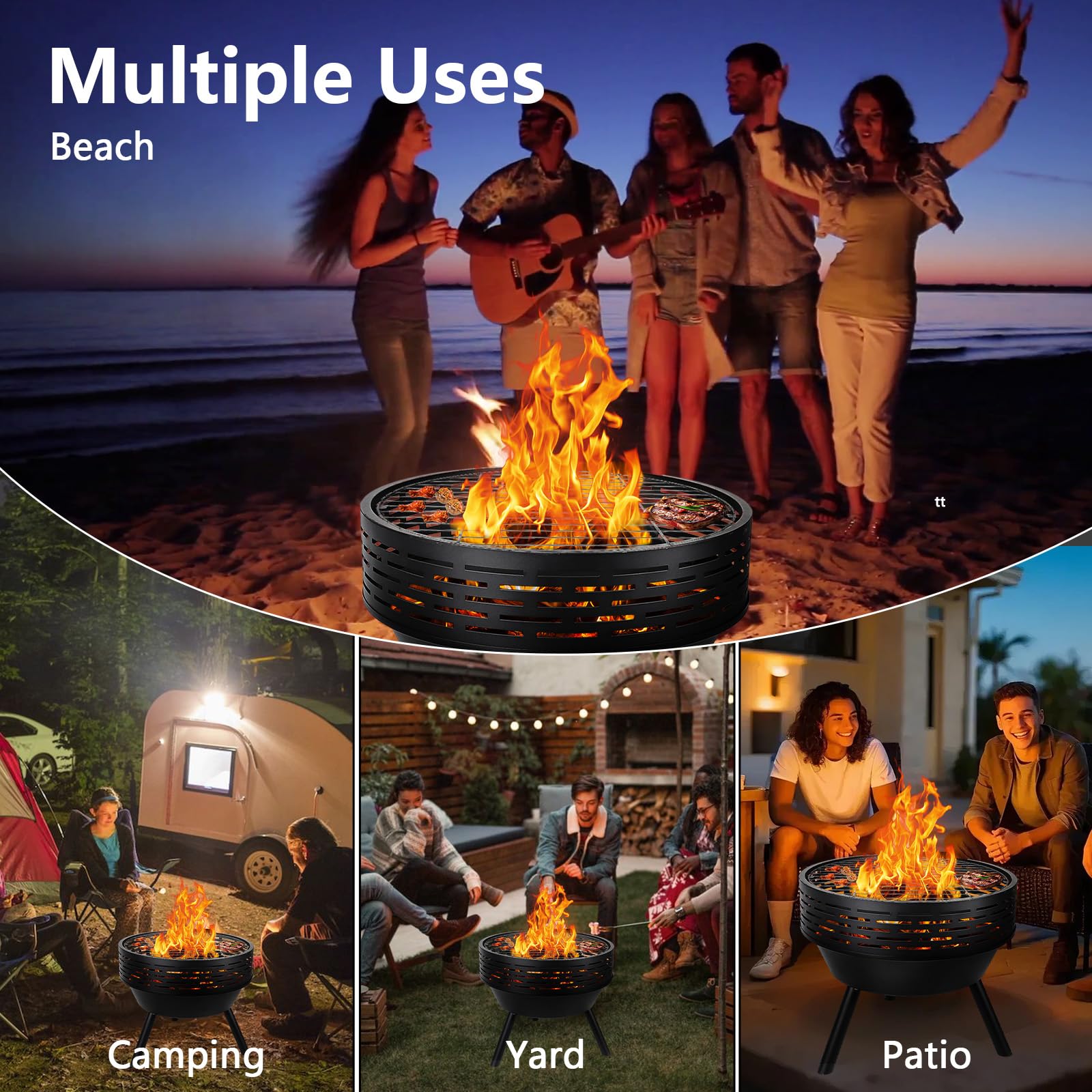 3-in-1 Fire Pit with Grill & Lid, 23" Outdoor Fire Pit Table, Cast Iron Wood Burning Firepit, Heavy Duty Fire Bowl for Outside Patio, Backyard Fireplaces, Large BBQ Pit Table with Fire Poker - CookCave
