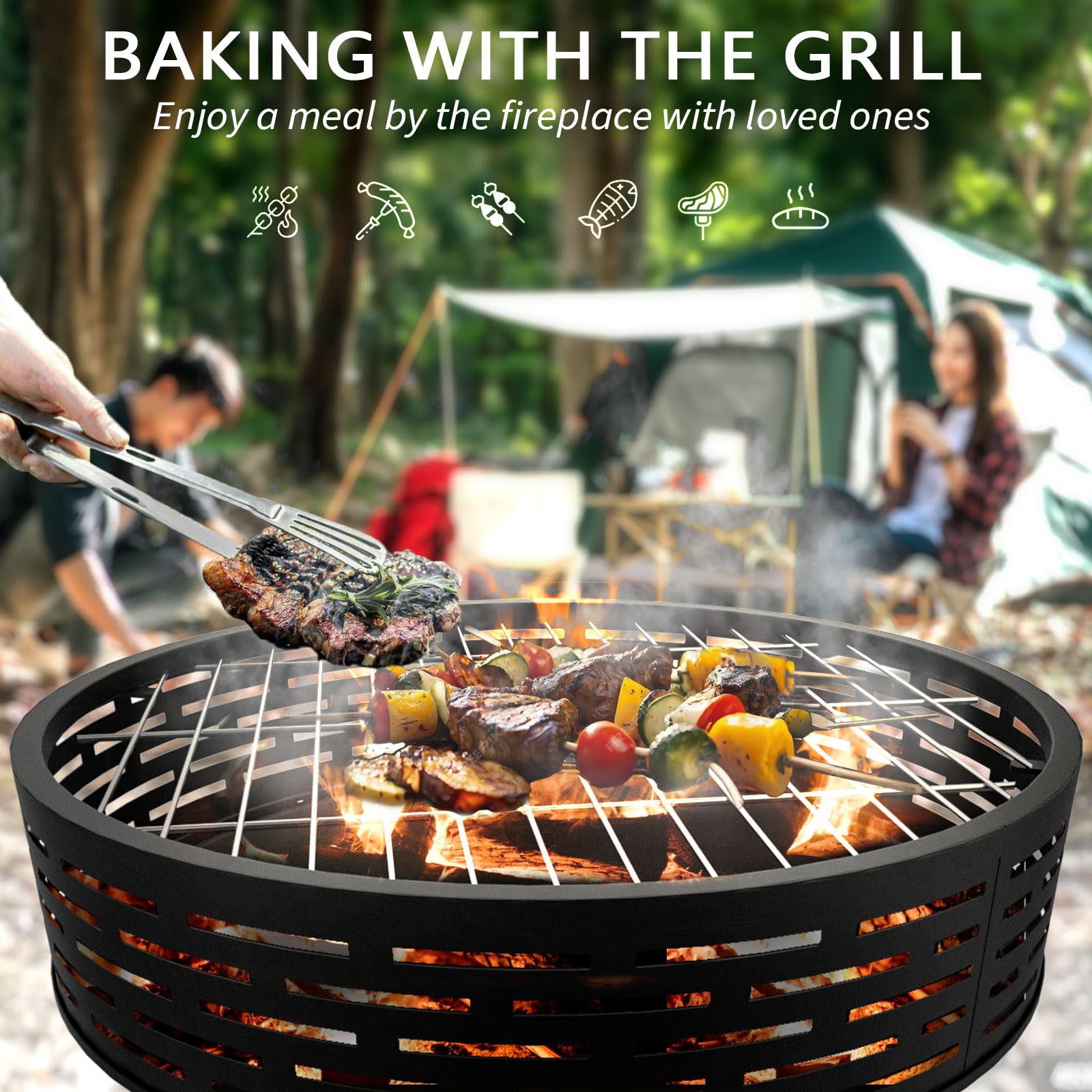 3-in-1 Fire Pit with Grill & Lid, 23" Outdoor Fire Pit Table, Cast Iron Wood Burning Firepit, Heavy Duty Fire Bowl for Outside Patio, Backyard Fireplaces, Large BBQ Pit Table with Fire Poker - CookCave