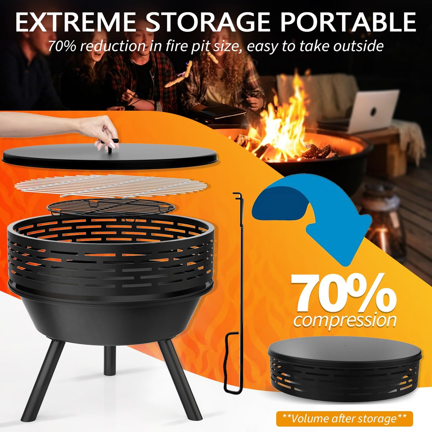 3-in-1 Fire Pit with Grill & Lid, 23" Outdoor Fire Pit Table, Cast Iron Wood Burning Firepit, Heavy Duty Fire Bowl for Outside Patio, Backyard Fireplaces, Large BBQ Pit Table with Fire Poker - CookCave