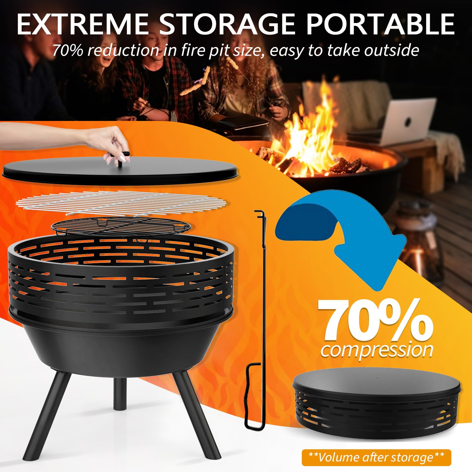 3-in-1 Fire Pit with Grill & Lid, 23" Outdoor Fire Pit Table, Cast Iron Wood Burning Firepit, Heavy Duty Fire Bowl for Outside Patio, Backyard Fireplaces, Large BBQ Pit Table with Fire Poker - CookCave