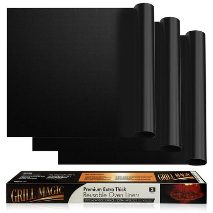 3 Pack Non-Stick Heavy Duty Oven Liners Set for Bottom of Electric Oven by Grill Magic - Thick, Heat Resistant Fiberglass Mat - Easy to Clean, Reduce Spills, Stuck Foods & Clean Up - BPA Free - CookCave