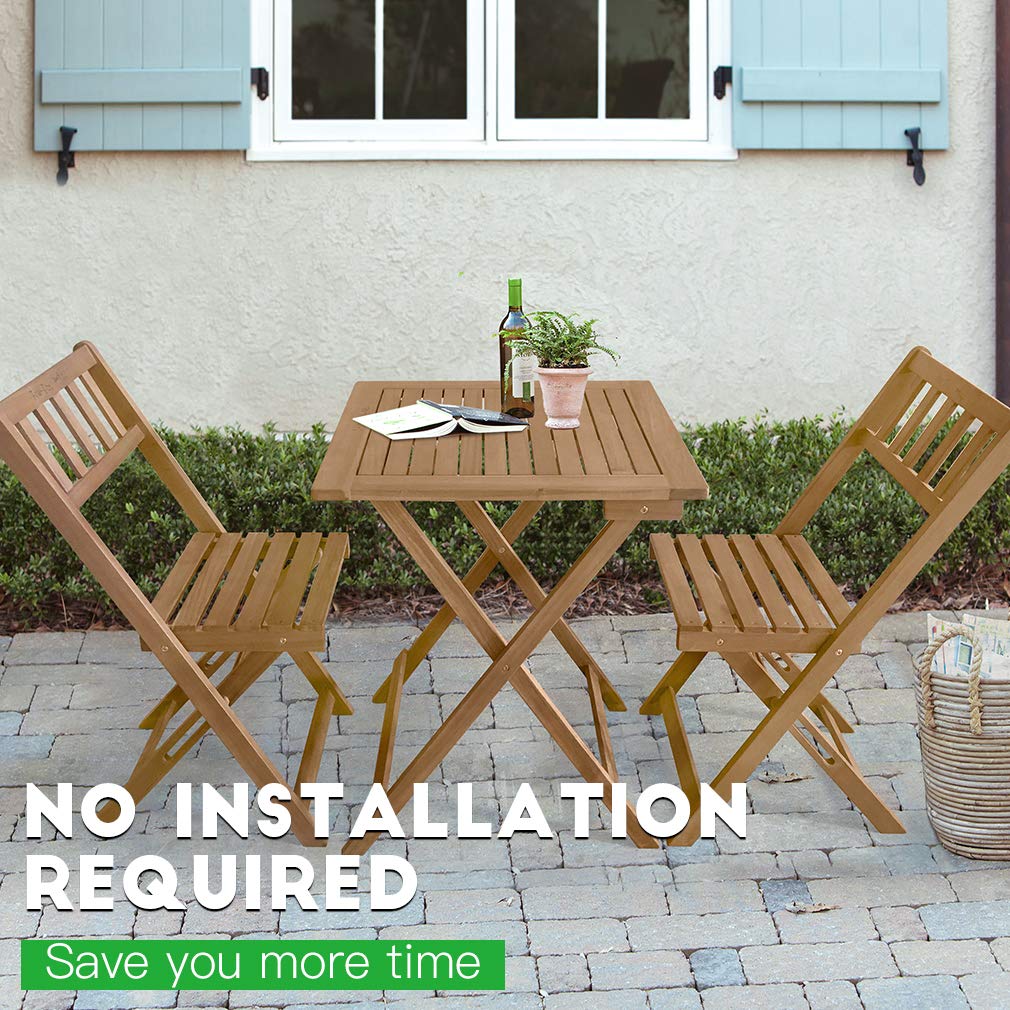 3-Piece Acacia Wood Folding Patio Bistro Set Outdoor Bistro Set Table and Chairs Set with 2 Chairs and Square Table for Pool Beach Backyard Balcony Porch Deck Garden Wooden Furniture, Natural Oiled - CookCave