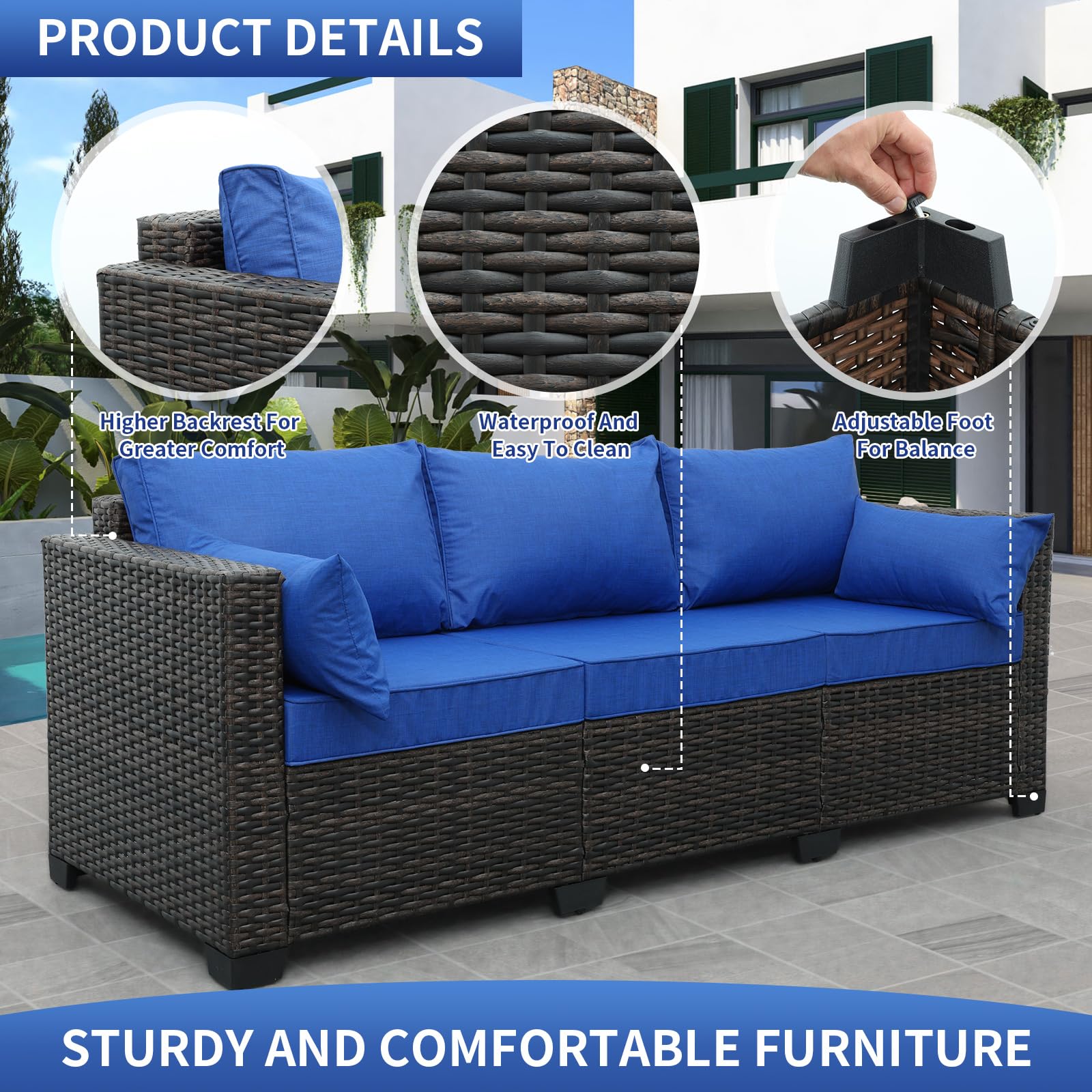3-Seat Patio PE Wicker Couch Furniture Outdoor Brown Rattan Sofa with Washable Blue Cushions - CookCave