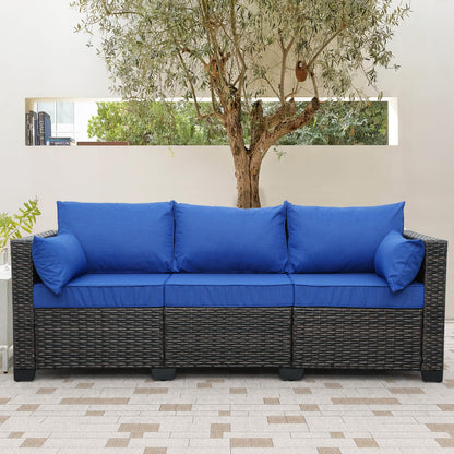 3-Seat Patio PE Wicker Couch Furniture Outdoor Brown Rattan Sofa with Washable Blue Cushions - CookCave