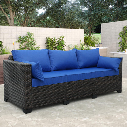 3-Seat Patio PE Wicker Couch Furniture Outdoor Brown Rattan Sofa with Washable Blue Cushions - CookCave