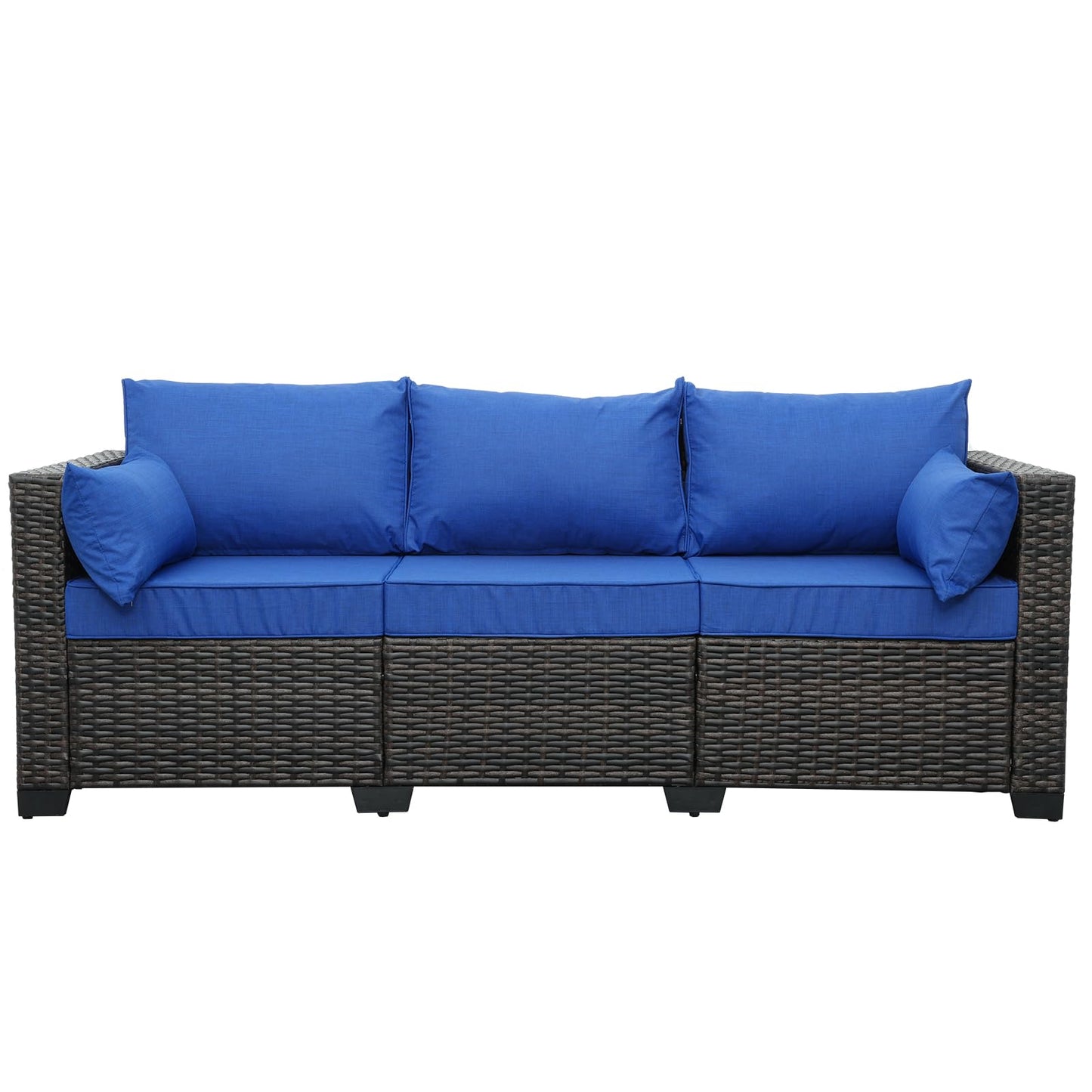 3-Seat Patio PE Wicker Couch Furniture Outdoor Brown Rattan Sofa with Washable Blue Cushions - CookCave