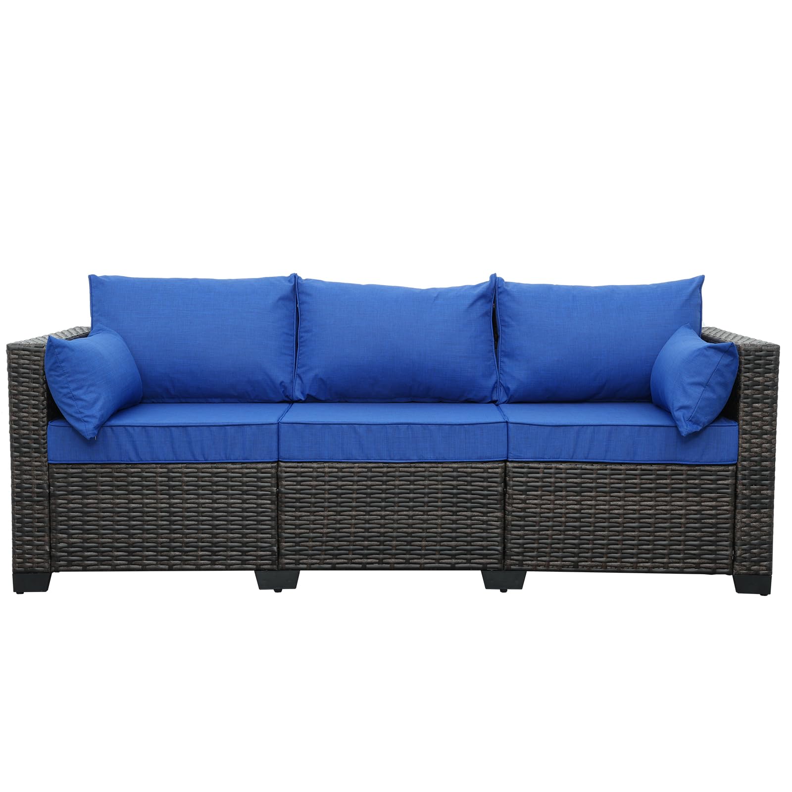 3-Seat Patio PE Wicker Couch Furniture Outdoor Brown Rattan Sofa with Washable Blue Cushions - CookCave