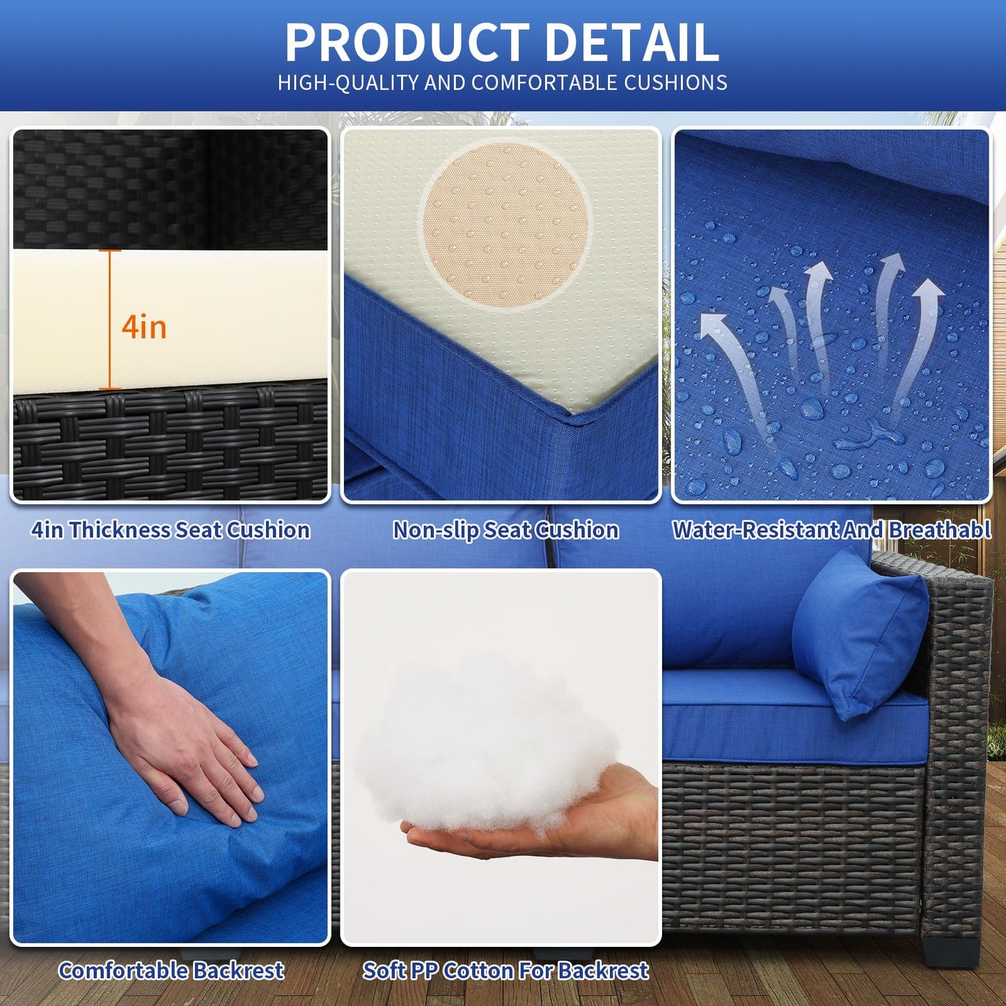 3-Seat Patio PE Wicker Couch Furniture Outdoor Brown Rattan Sofa with Washable Blue Cushions - CookCave