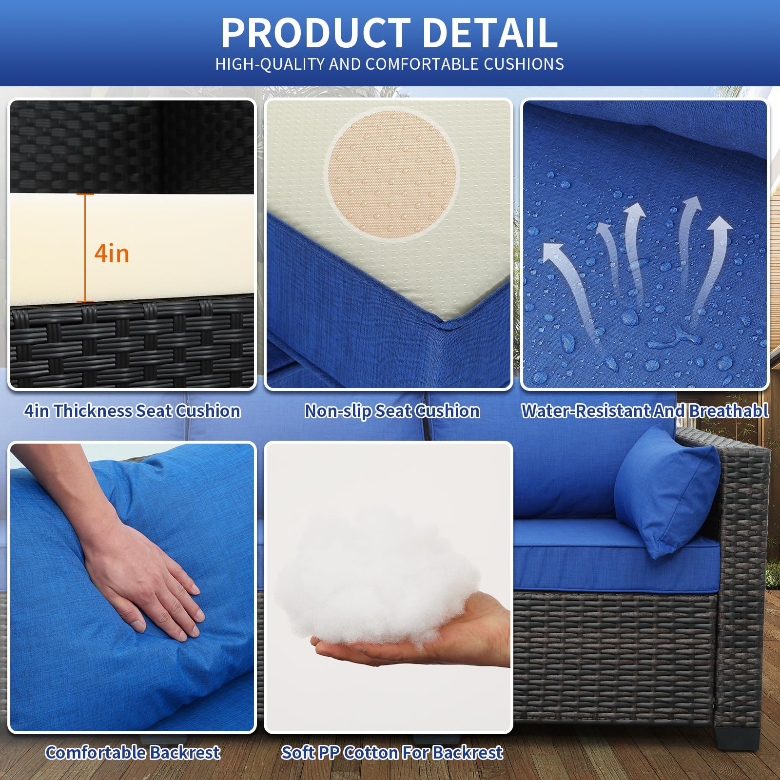 3-Seat Patio PE Wicker Couch Furniture Outdoor Brown Rattan Sofa with Washable Blue Cushions - CookCave