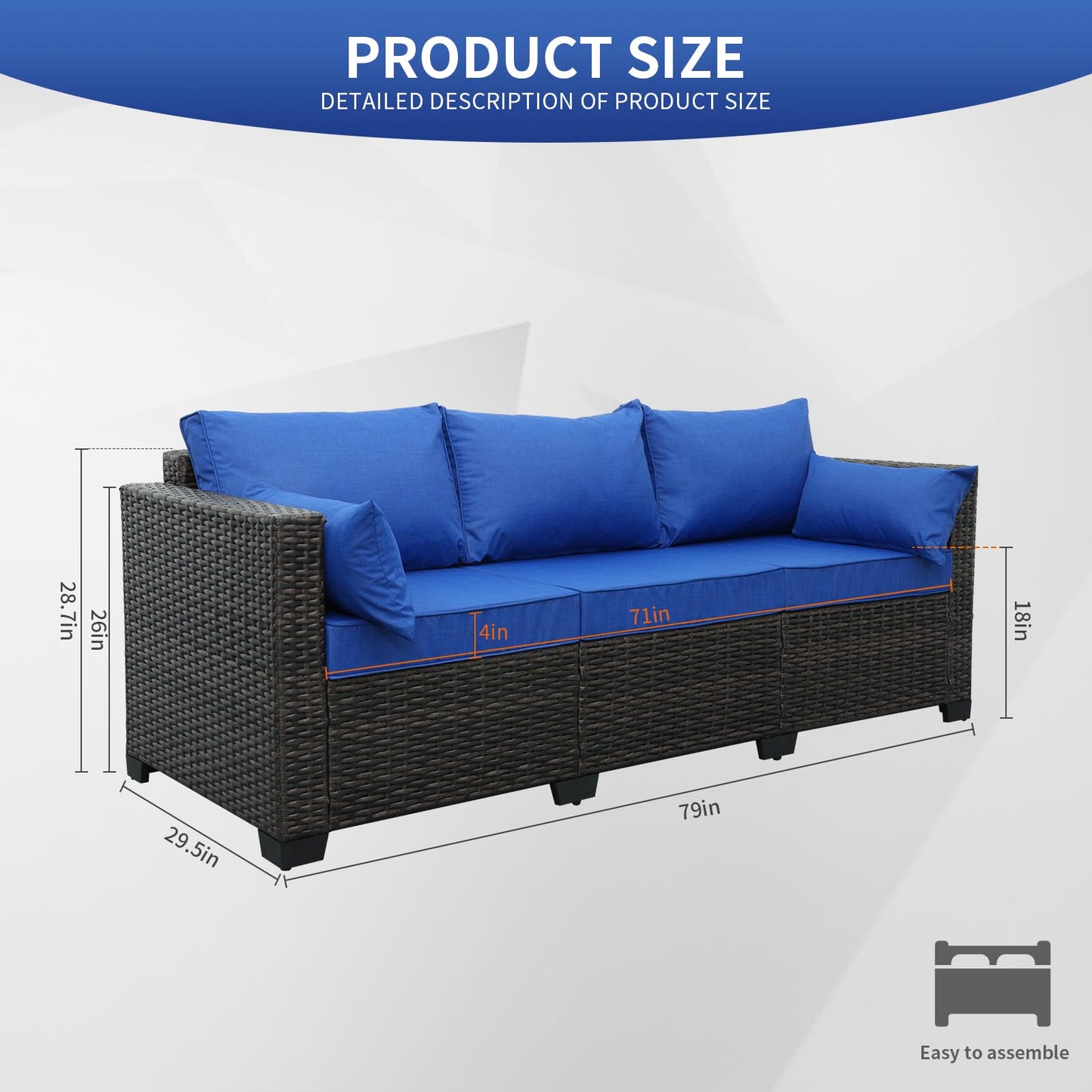 3-Seat Patio PE Wicker Couch Furniture Outdoor Brown Rattan Sofa with Washable Blue Cushions - CookCave