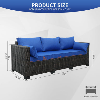 3-Seat Patio PE Wicker Couch Furniture Outdoor Brown Rattan Sofa with Washable Blue Cushions - CookCave