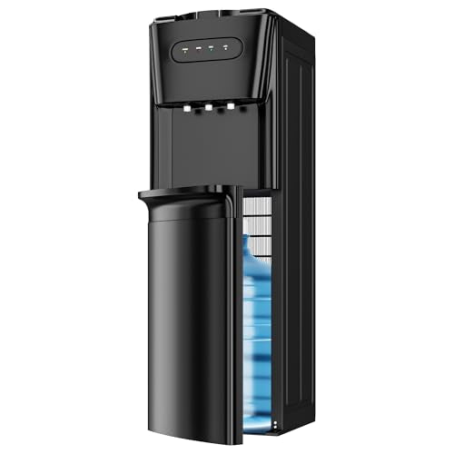 Tehanld Bottom Loading Water Cooler Dispenser for 3 or 5 Gallon Bottles - Water Dispenser with Hot, Room & Cold Spouts, LED Display with Empty Bottle Alert, Child Safety Lock, Space Black
