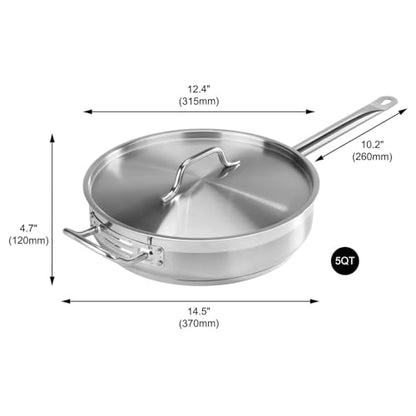 New Star Foodservice 5 Qt Stainless Steel Sauté Pan with Cover, 18/8 Stainless Steel, 3.1-Inch Depth