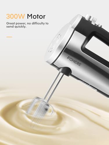 Hand Mixer Electric Handheld, 6 Speed & Turbo Electric Mixer, 300W Handheld Mixer with 2 Stainless Steel Whisk and 2 Dough Hook for Whipping, Mixing Cookies, Brownie, Cakes, Dough Batters, Silver