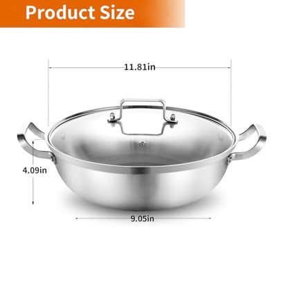 Delarlo Tri-Ply Stainless Steel 13 inch Everyday Pan with Glass Lid, Deep Saute Pan, High Side Kitchen Cooking Pot, Chef's Pans, Induction Deep Frying Pan, 5QT Stock Pot, Up to 550℉