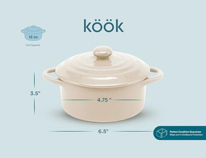 Kook Ceramic Mini Cocotte Set, Small Casserole Dishes with Lids and Handles, Individual Baking Ramekins, Oven, Microwave & Dishwasher Safe, Stoneware, 12 oz, Set of 4, Ivory