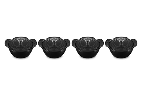 Le Creuset Enameled Cast Iron Gourmand Collection Set of 4 Mini Round Cocotte, .3 qt., Matte Black w/Stainless Steel Knob