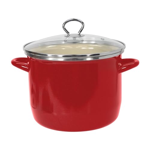 Vasconia EOS 12-Quart Alloy Steel Speckled Stockpot with Glass Lid - Dishwasher and Oven Safe Cooking Pot up to 350°F - Induction Cookware for All Cooktops - Non-Reactive Enameled Soup Pot - Red