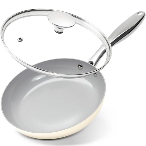 MICHELANGELO Frying Pans Nonstick with Lid - 8 Inch Small Frying Pan, Non Toxic Ceramic Pan with Lid, Non Stick Small Skillet for All Stovetops, Beige