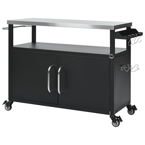 LUMISOL Outdoor Grill Table with Stainless Steel Tabletop, 54.5" Outdoor Kitchen Island with Storage Cabinet, Rolling Bar Cart Sink Station with 4 Lockable Wheels for Pizza Prep, Black