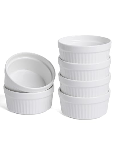 KITCHENLESTAR 7 oz Ramekins Set of 6, Oven Safe Porcelain Ramekin Bowls for Creme Brulee, Souffle & Custard, Dessert Cups & Dipping Sauce Dishes, Stackable, Soft White