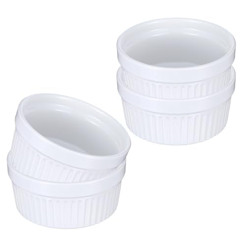 4 Pack Ramekins 12 Oz Oven Safe, Creme Brulee Set, Porcelain Souffle Dish for Baking, Soup Bowls for French Onion Soup White