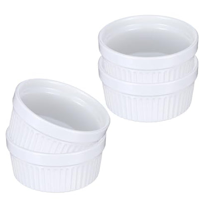 4 Pack Ramekins 12 Oz Oven Safe, Creme Brulee Set, Porcelain Souffle Dish for Baking, Soup Bowls for French Onion Soup White