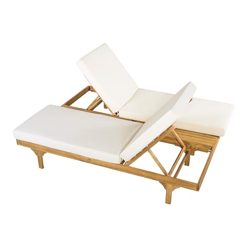 Christopher Knight Home Acacia Wood Chaise Lounge Chair Set of 2, Double/Single Outdoor Sunbathing Pool Lounger with 4'' Cushion, Patio Wooden Adjustable Backrest Lounge Sofa, Teak+Cream