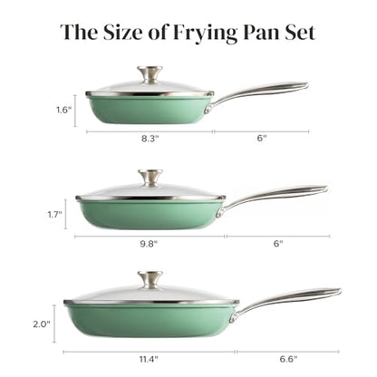 Redchef Nonstick 6-Piece Fry Pan Set, 8, 9.5, and 11 Inch Frying Pans with Tempered Glass Lids, Stay-Cool Handles, Dishwasher & Oven Safe, Induction Safe, Compatible with All Cooktops, Green