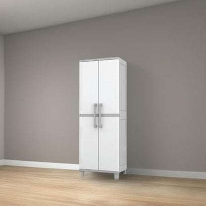 Keter Storage Cabinet with Doors and Shelves for Laundry Room, Garage, Bathroom Accessories, Closet and Home Organization, White & Grey