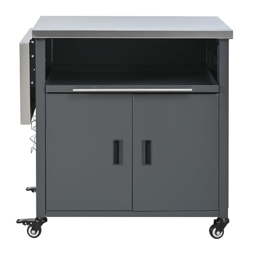 Merax Foldable Outdoor Kitchen Island & BBQ Prep Cart with Stainless Steel Top &Trash Rack & Lockable Wheels & Storage Cabinets – Portable Patio Dining Station for Grilling & Backyard & Camping, Gray