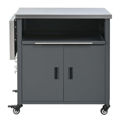 Merax Foldable Outdoor Kitchen Island & BBQ Prep Cart with Stainless Steel Top &Trash Rack & Lockable Wheels & Storage Cabinets – Portable Patio Dining Station for Grilling & Backyard & Camping, Gray