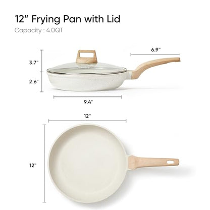CAROTE 12 Inch Non Stick Frying Pan with Lid,White Granite Nonstick Skillet Omelet Pans, Egg Pan Granite Cookware, PFOS & PFOA Free