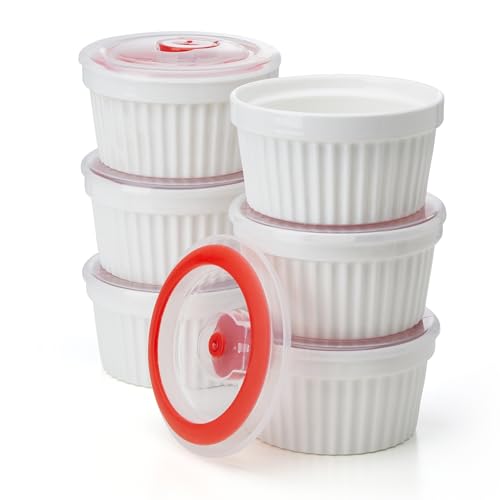 Sweese 6-Pack 8 oz Porcelain Ramekins with Lids, White Souffle Dishes for Baking, Creme Brulee Cups, Oven-Friendly Pudding Custard Bowls – Versatile Kitchen Essentials for Baking and Storing