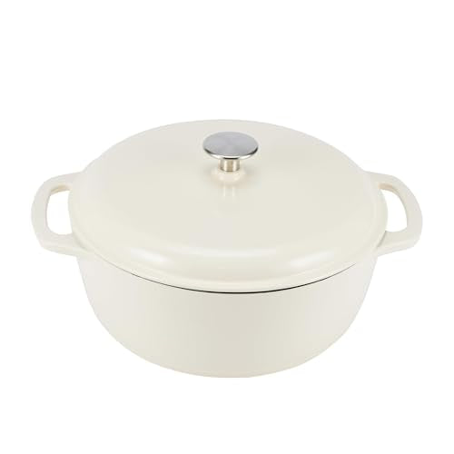 Amazon Basics Enameled Cast Iron Dutch Oven Pot with Lid, Dual Handles, Heavy-Duty, Oven Safe for Stews, Roasting, Baking, 7.3-Quart, White