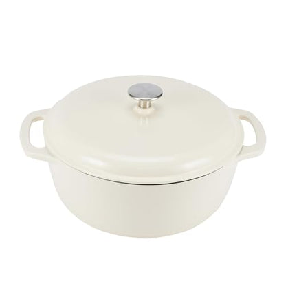 Amazon Basics Enameled Cast Iron Dutch Oven Pot with Lid, Dual Handles, Heavy-Duty, Oven Safe for Stews, Roasting, Baking, 7.3-Quart, White