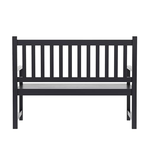 Flash Furniture Adele Commercial Indoor/Outdoor Acacia Wood Bench, 2-Person Slatted Patio Loveseat, for Use in Yard, Garden, Porch, or Park, Black