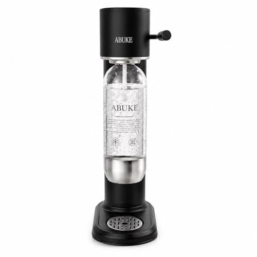ABUKE Aluminum Sparkling Water Maker with Lever Handle, Metal Body & Nozzle, Compatible with Threaded CO2 Cylinders, Automatic Pressure Release, BPA-Free PET Bottle, 2-Year Warranty
