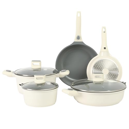Sur La Table Kitchen Essentials 13 Piece Detachable Handle Pots and Pans Premium PFA Free Premium Ceramic Non Stick Induction Safe and Secure Removable Handle Cookware Set - Eggshell White
