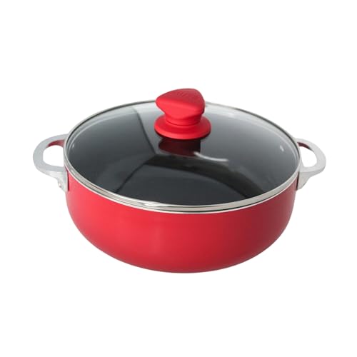 IMUSA 3.2 Qt Red Aluminum Dutch Oven with Black Ceramic Nonstick, Glass Lid & Riveted Handles – Oven Safe Caldero for Everyday Cooking